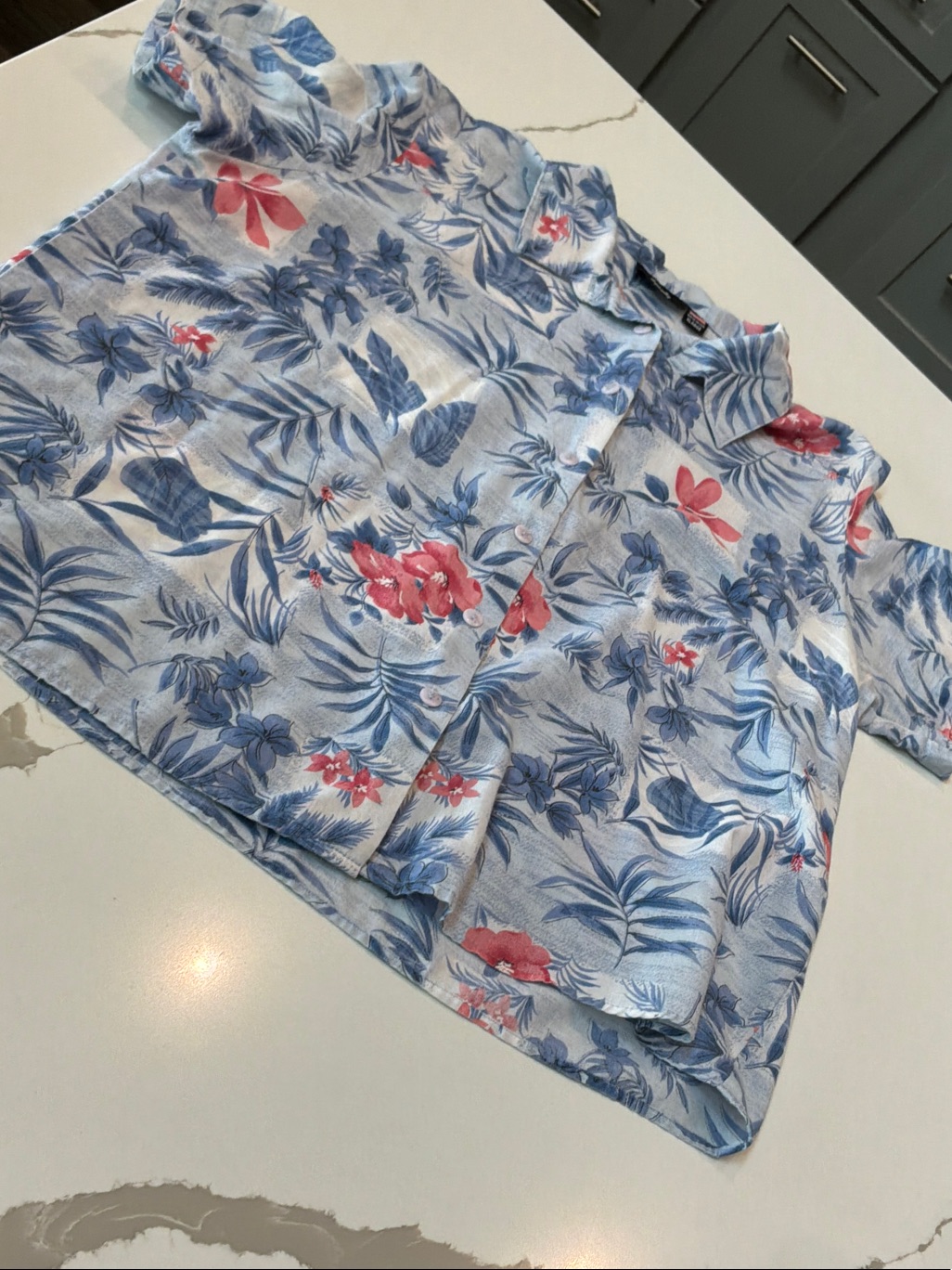 Women’s Tapestry Xlarge Light Blue Floral Button-Up Shirt With Coral Accents